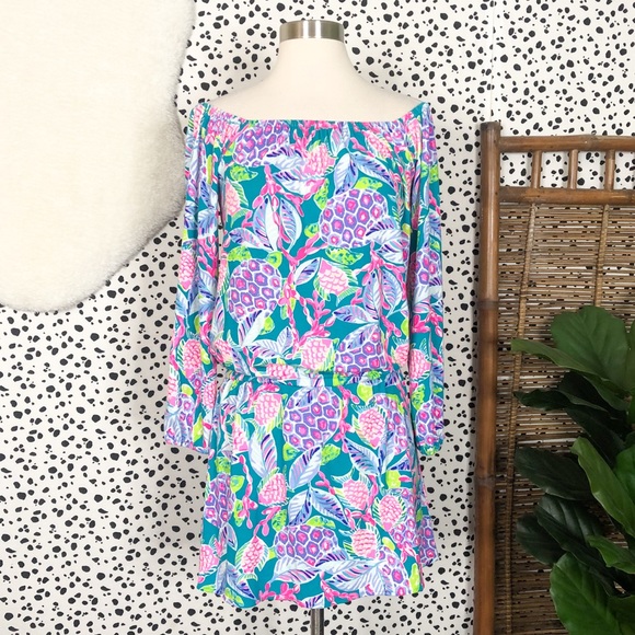 Lilly Pulitzer Pants - Lilly Pulitzer | Lana Off Shoulder Maldives Green Turtlewave Romper Dress XS